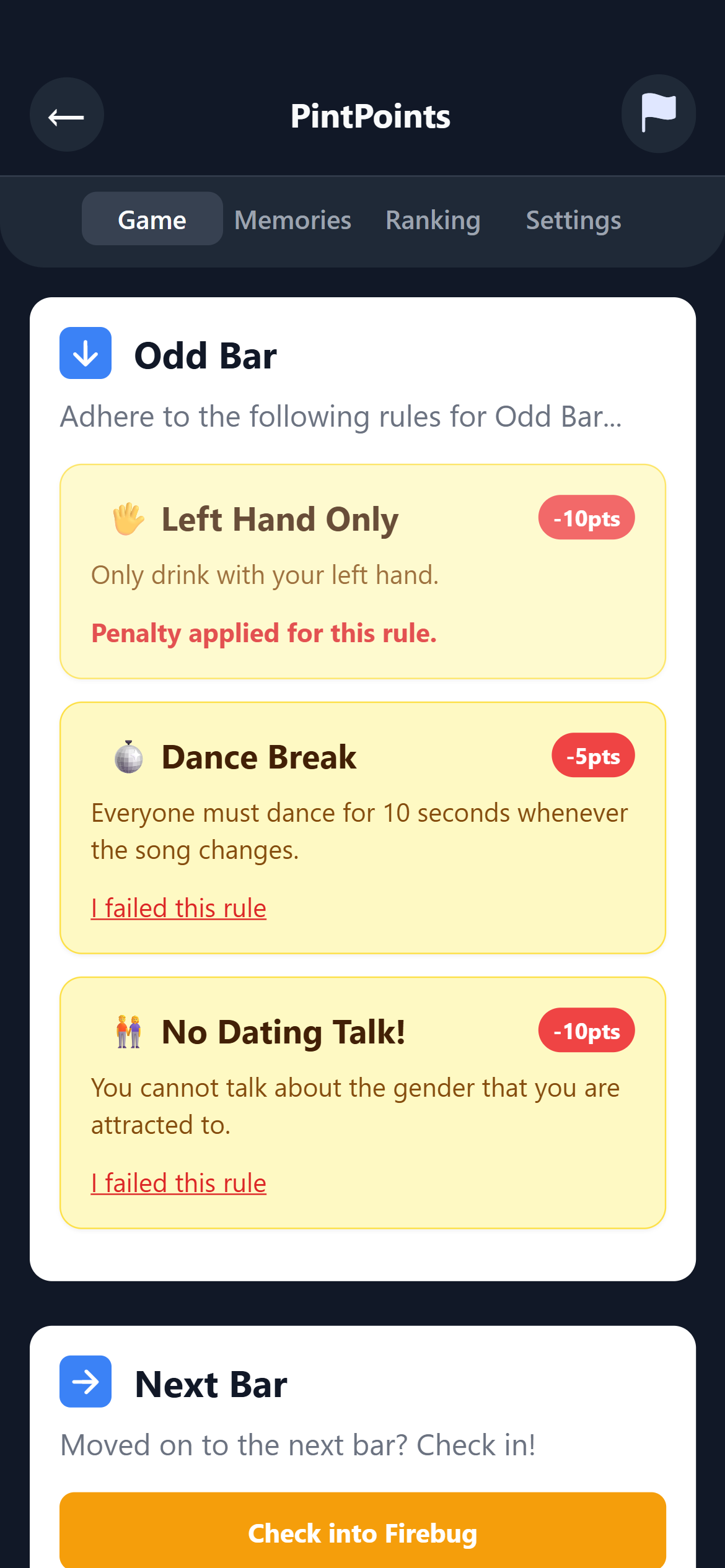 Barhops PintPoints app showing points earning and leaderboard